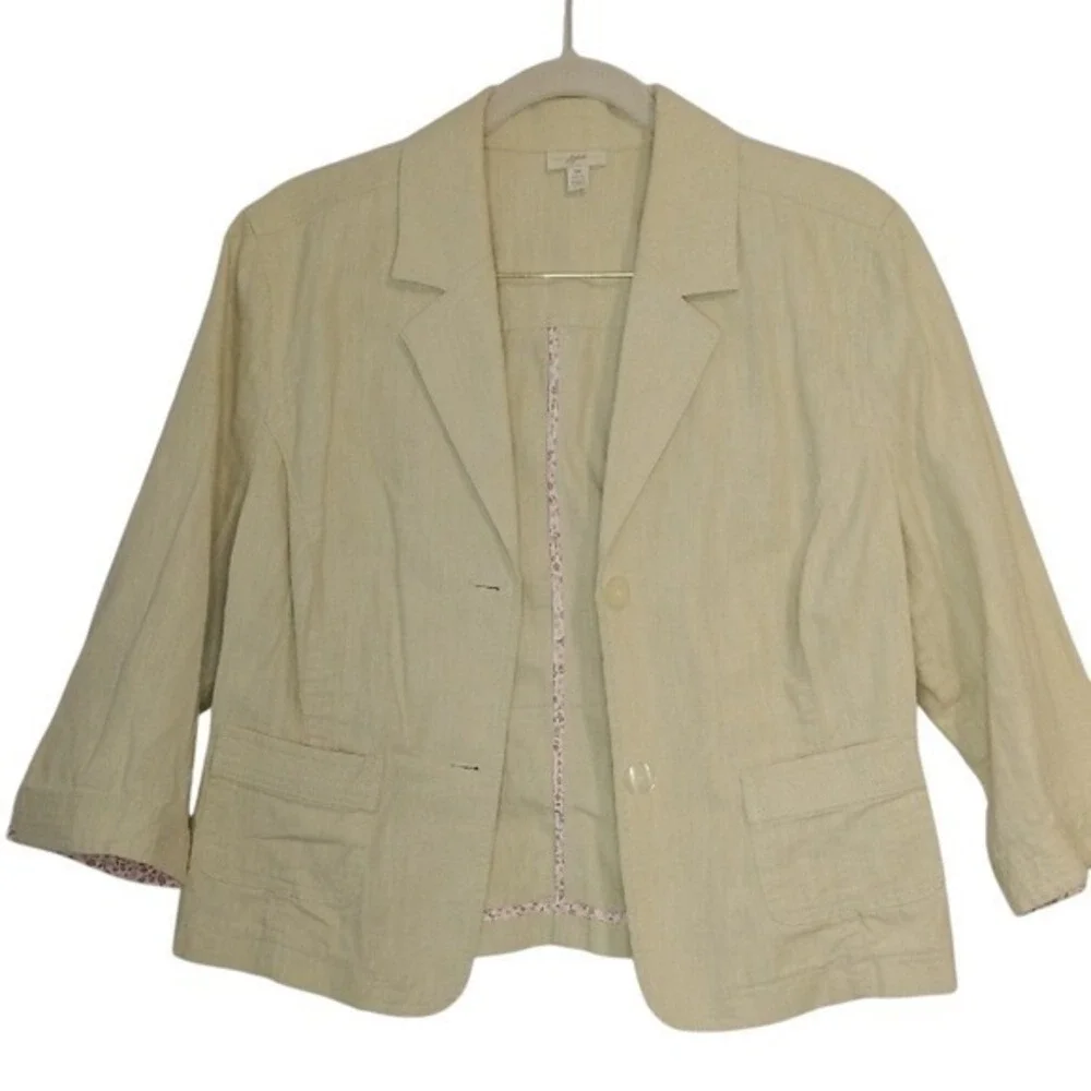 J. Jill beige/yellow 100%‎ Cotton 3/4 Sleeve Floral Trim Jacket Womens 14 Petite